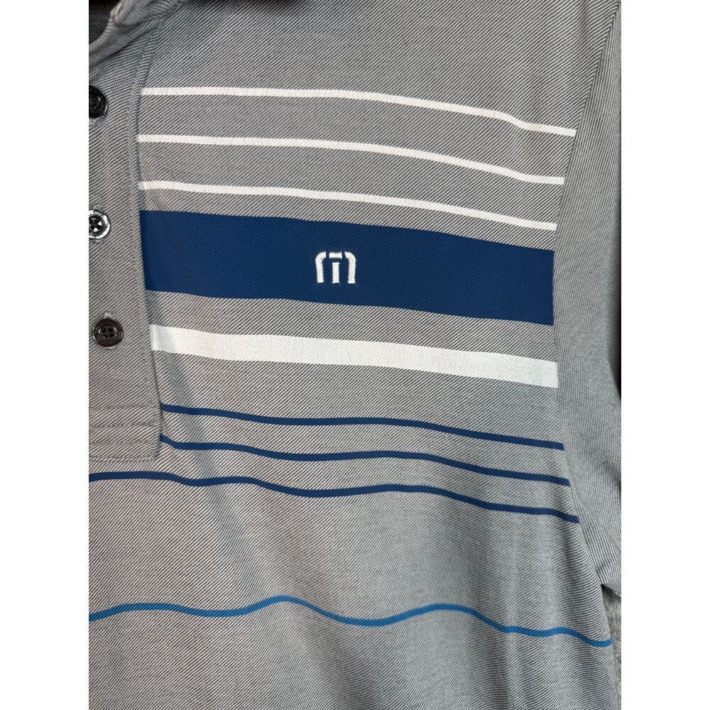 Travis Mathew Polo Shirt Mens Medium Gray Blue Striped Golf Stretch Preppy - Picture 2 of 9